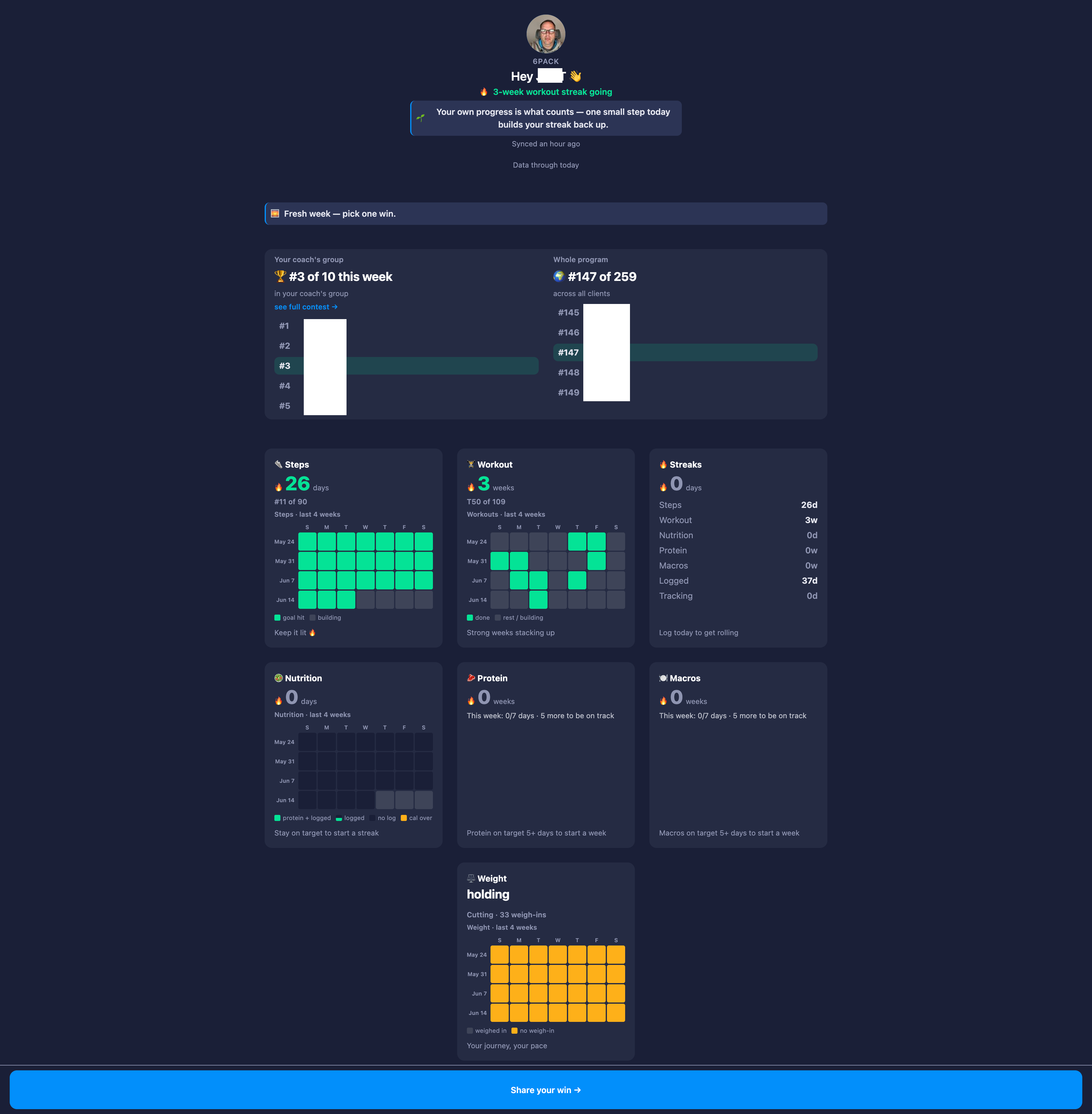 A client's personal win page — streak, rank, and every pillar
