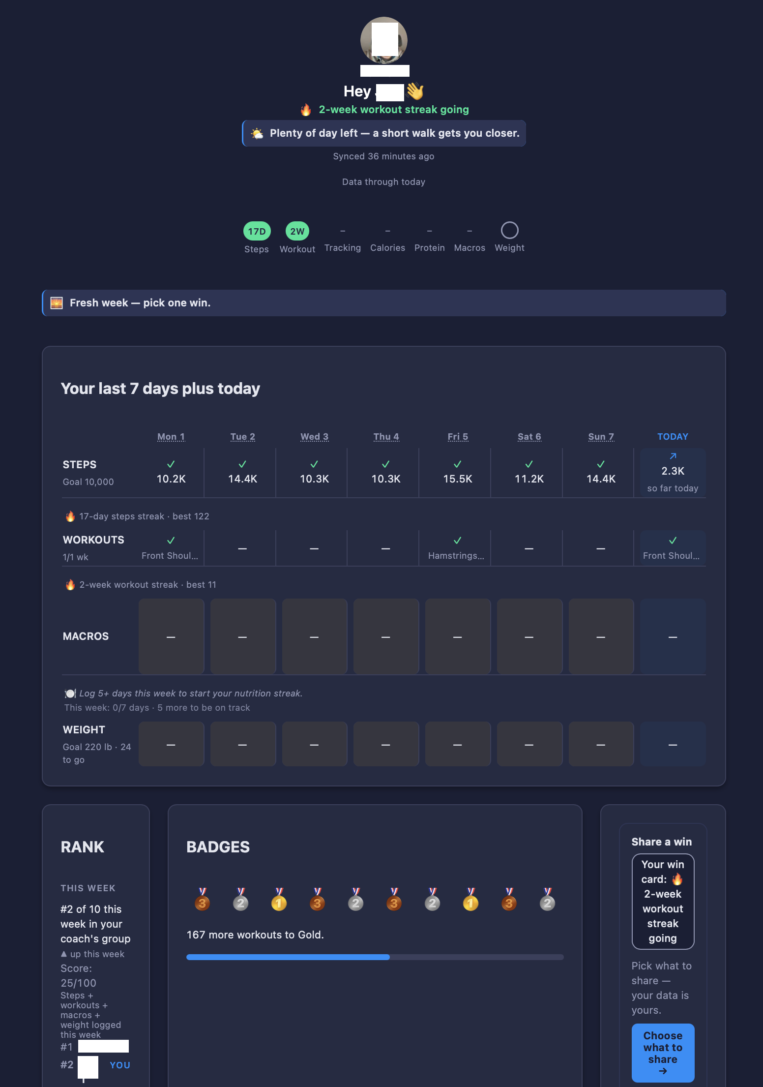 A client's personal wins page